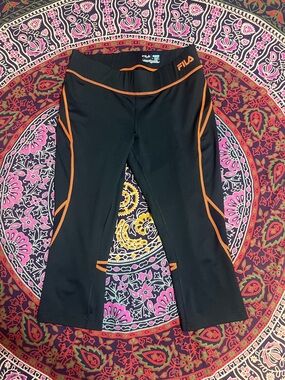 Fila Women's Sport Performance Running Capri Pants Black w/ Orange Stitch Size S